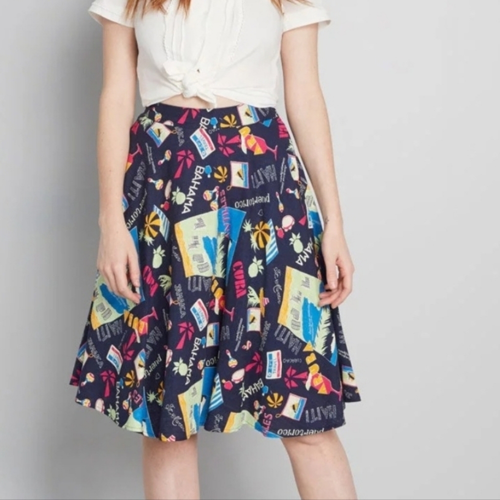 ModCloth Just This Sway Midi‎ Skirt XL  Colorful Graphic Women's Skirt Linen